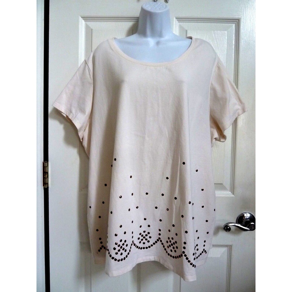 Cato Plus Size 22W 24W Short Sleeve T-Shirt Beaded Hem Off White Casual Top